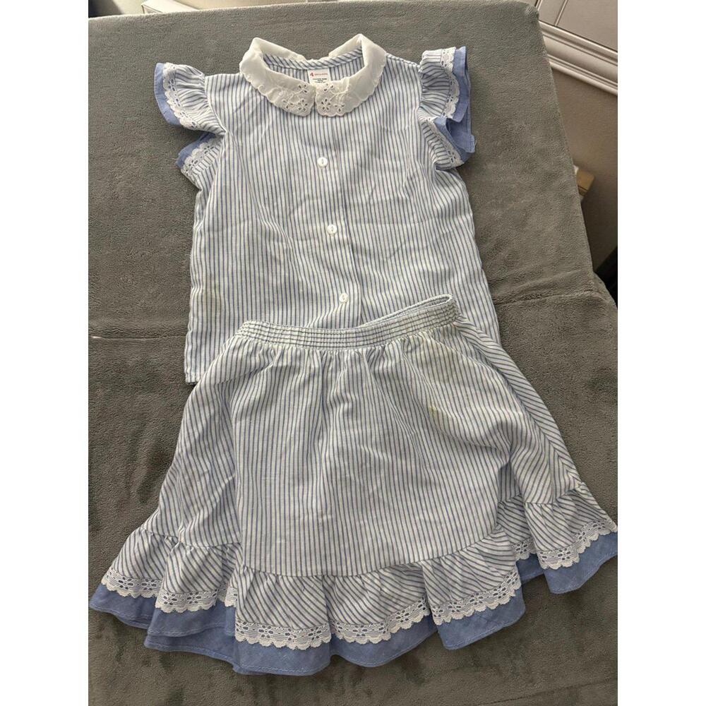 Vintage Y2K Sears Girls Blue Stripe Ruffle Skirt Set Size 4